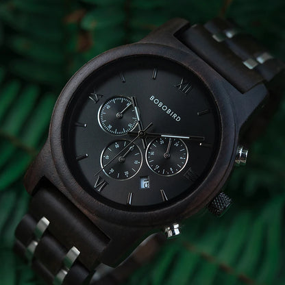 Luxury Men Watch Chronograph Wrist watch Military Metal Wooden Bracelet