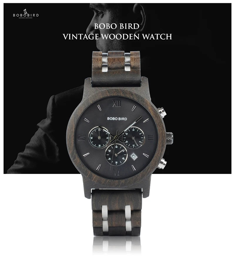 Luxury Men Watch Chronograph Wrist watch Military Metal Wooden Bracelet