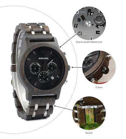 Luxury Men Watch Chronograph Wrist watch Military Metal Wooden Bracelet