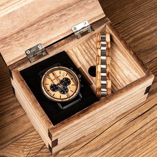 Luxury Men Watch Wood Bracelet Set Chronograph Quartz Watch in Wooden Box | Eco friendly