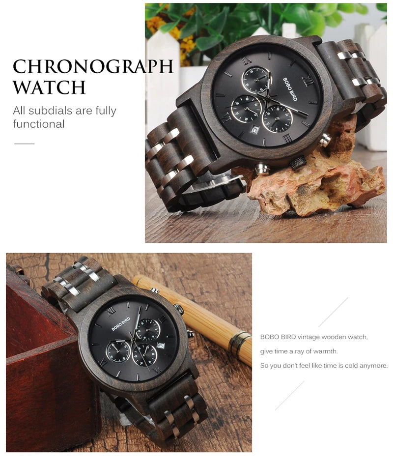 Luxury Men Watch Chronograph Wrist watch Military Metal Wooden Bracelet