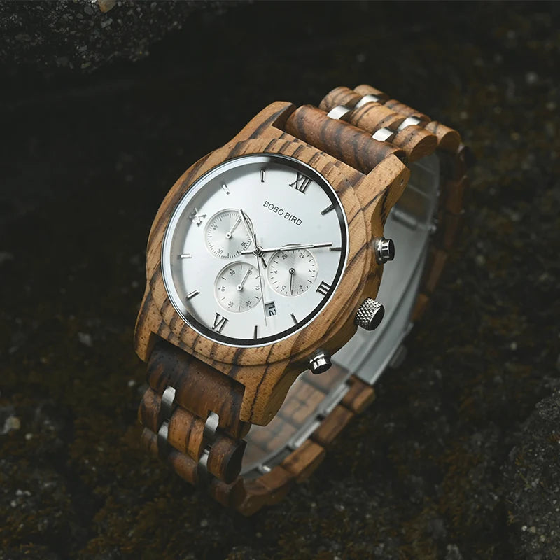 Luxury Men Watch Chronograph Wrist watch Military Metal Wooden Bracelet