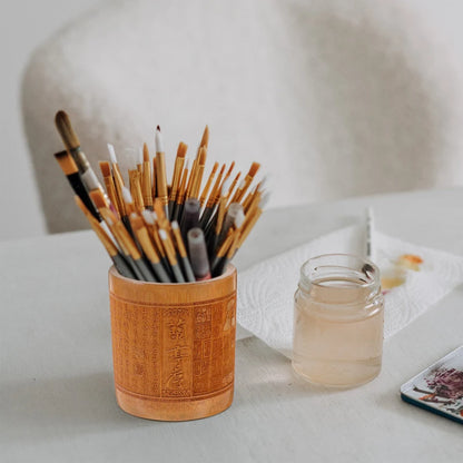 Eco friendly Bamboo Desk Holder Organizers Wood Container Carving Chinese Style Makeup Brush