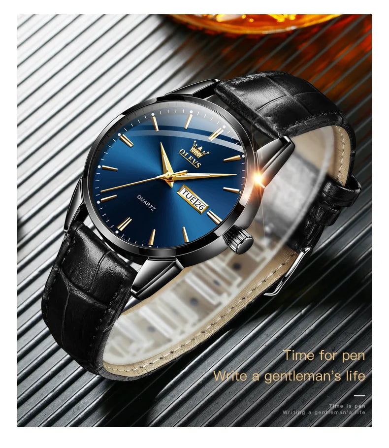 Classic quartz wrist watch for men waterproof leather strap and with calendar