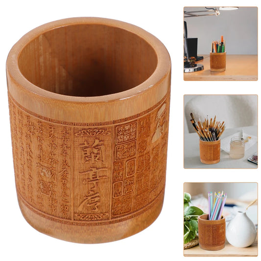 Eco friendly Bamboo Desk Holder Organizers Wood Container Carving Chinese Style Makeup Brush