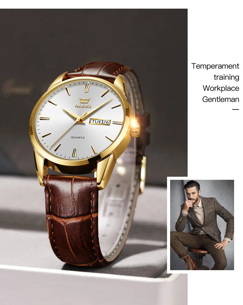 Classic quartz wrist watch for men waterproof leather strap and with calendar