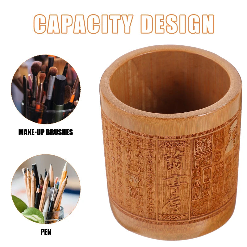 Eco friendly Bamboo Desk Holder Organizers Wood Container Carving Chinese Style Makeup Brush