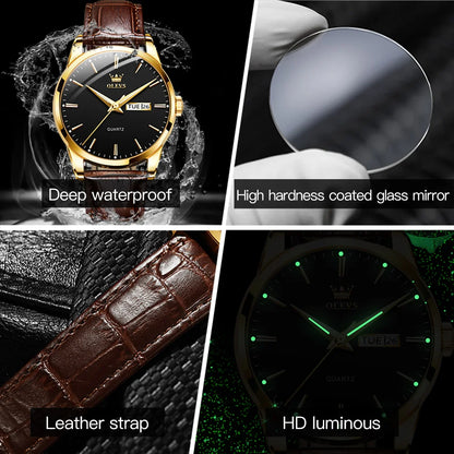 Classic quartz wrist watch for men waterproof leather strap and with calendar