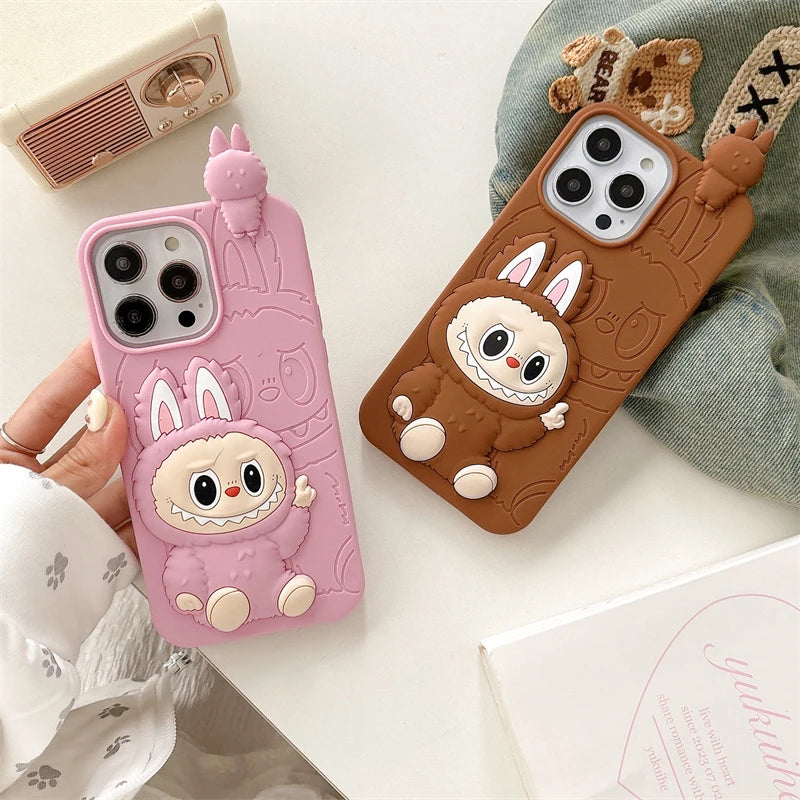 LABUBU | Cute 3D Cartoon LaBuBu Monster Phone Case For iPhone 16 15 14 Plus 13 12 11 Pro Max Stereoscopic Soft Silicone Cover