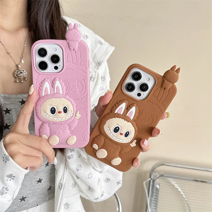 LABUBU | Cute 3D Cartoon LaBuBu Monster Phone Case For iPhone 16 15 14 Plus 13 12 11 Pro Max Stereoscopic Soft Silicone Cover