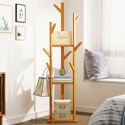 Eco - Friendly Bamboo Tree Clothes Coat Hanger Rack Garment Stand with Hooks and Shelves