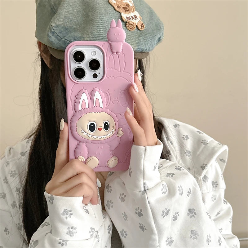 LABUBU | Cute 3D Cartoon LaBuBu Monster Phone Case For iPhone 16 15 14 Plus 13 12 11 Pro Max Stereoscopic Soft Silicone Cover