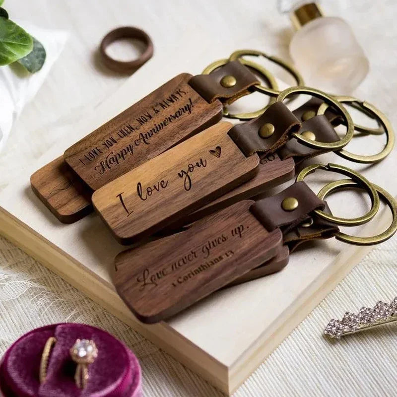 Eco-Friendly Wooden Key Chains with Customize text | Custom Solid Square Leather Tag Car Keychain Accessories Fashion Bag Pendant Blank