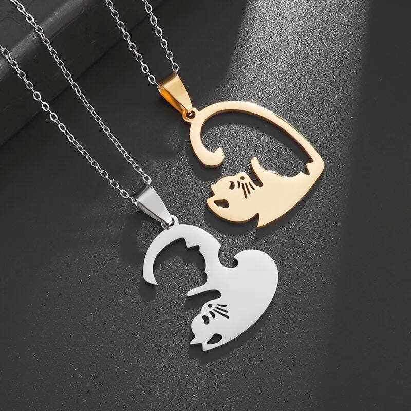 Hot Hug Love Pet Cat Pairing Couple Necklace Fashion Stainless Steel Men Women Best Friend Bff Pendant Jewelry Gift