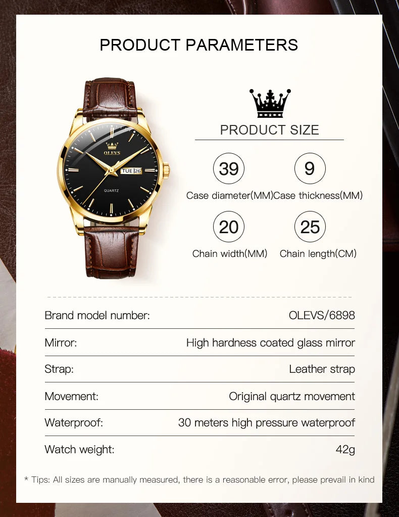 Classic quartz wrist watch for men waterproof leather strap and with calendar