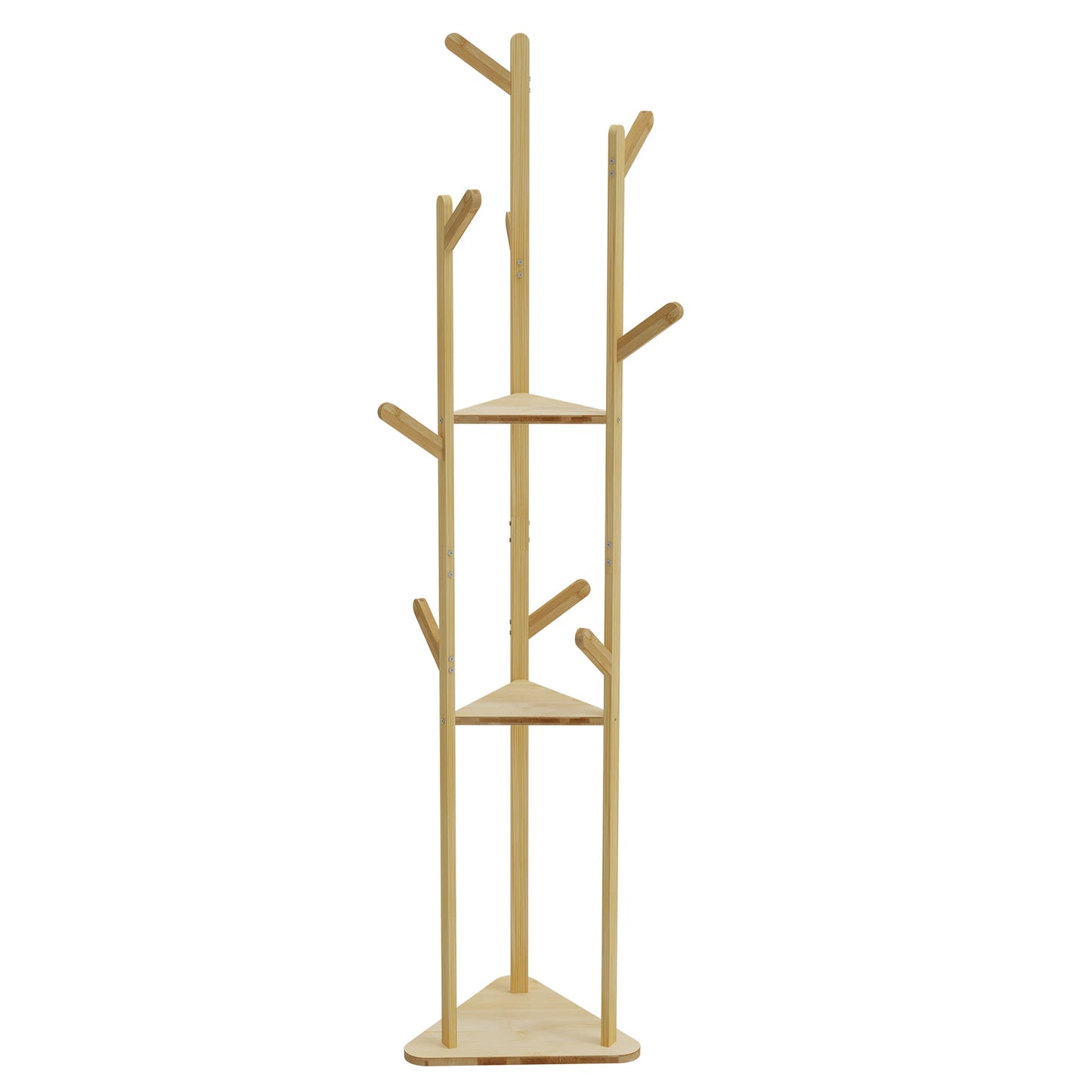 Eco - Friendly Bamboo Tree Clothes Coat Hanger Rack Garment Stand with Hooks and Shelves