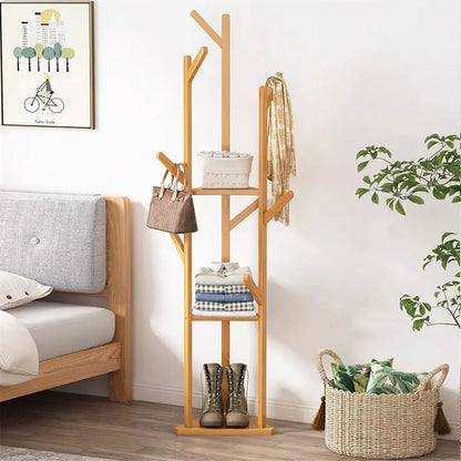 Eco - Friendly Bamboo Tree Clothes Coat Hanger Rack Garment Stand with Hooks and Shelves