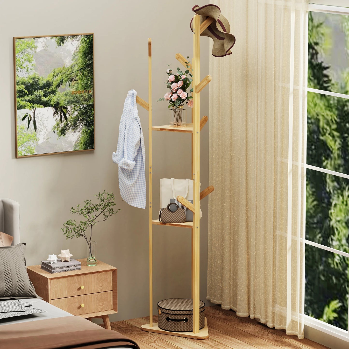 Eco - Friendly Bamboo Tree Clothes Coat Hanger Rack Garment Stand with Hooks and Shelves