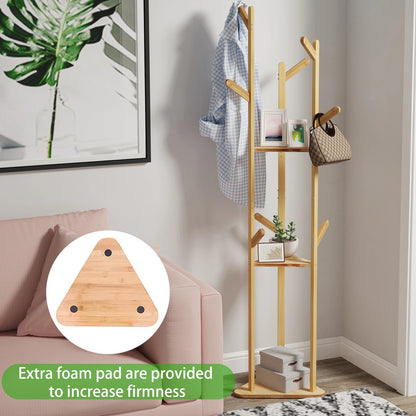 Eco - Friendly Bamboo Tree Clothes Coat Hanger Rack Garment Stand with Hooks and Shelves