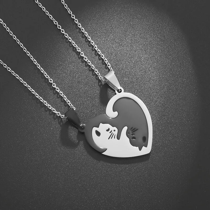 Hot Hug Love Pet Cat Pairing Couple Necklace Fashion Stainless Steel Men Women Best Friend Bff Pendant Jewelry Gift