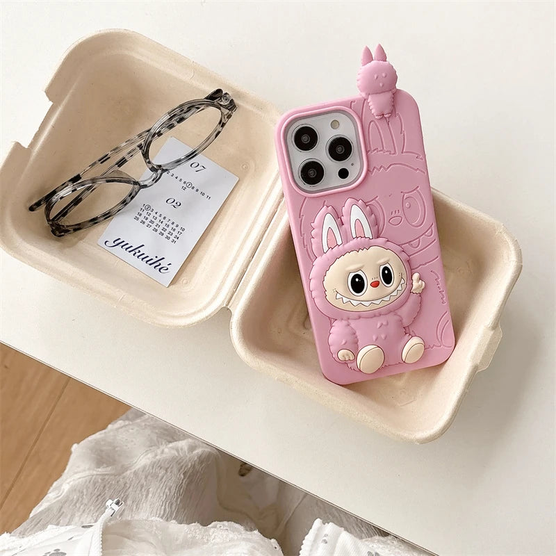 LABUBU | Cute 3D Cartoon LaBuBu Monster Phone Case For iPhone 16 15 14 Plus 13 12 11 Pro Max Stereoscopic Soft Silicone Cover