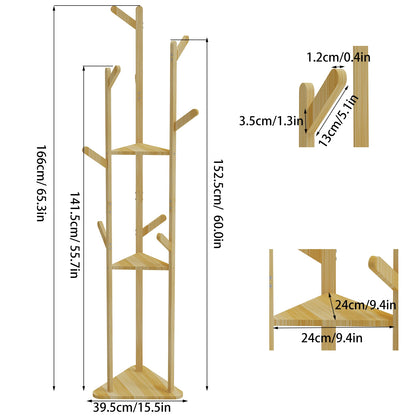 Eco - Friendly Bamboo Tree Clothes Coat Hanger Rack Garment Stand with Hooks and Shelves