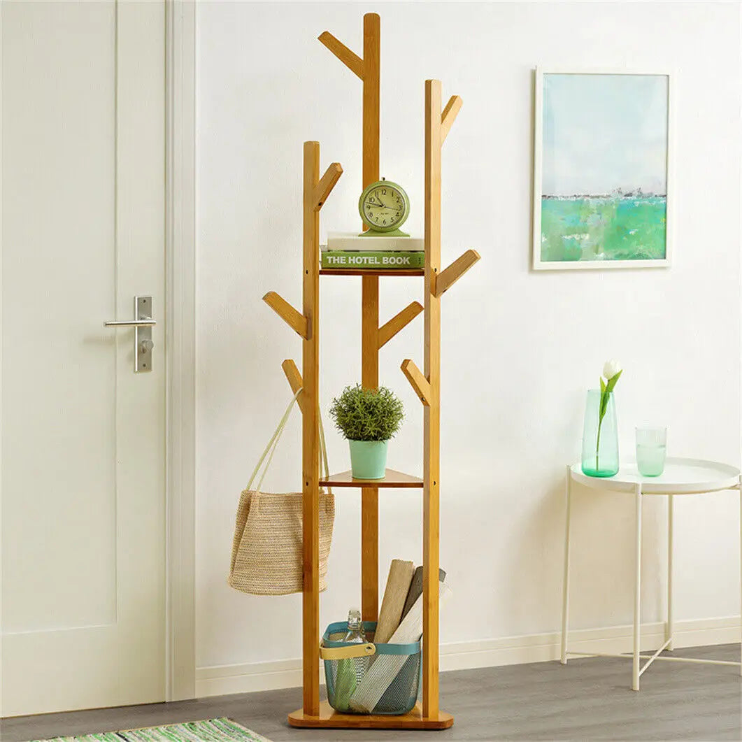 Eco - Friendly Bamboo Tree Clothes Coat Hanger Rack Garment Stand with Hooks and Shelves