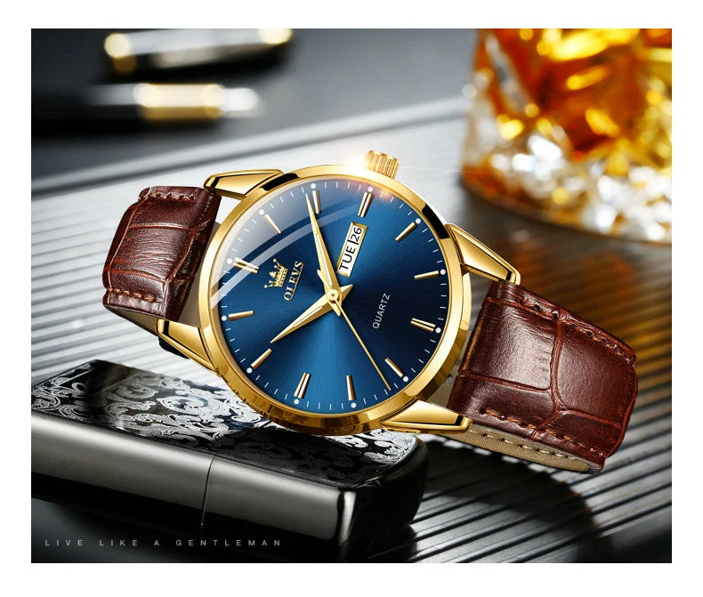 Classic quartz wrist watch for men waterproof leather strap and with calendar