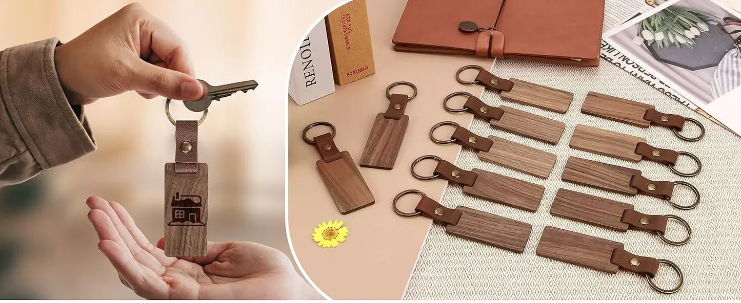 Eco-Friendly Wooden Key Chains with Customize text | Custom Solid Square Leather Tag Car Keychain Accessories Fashion Bag Pendant Blank